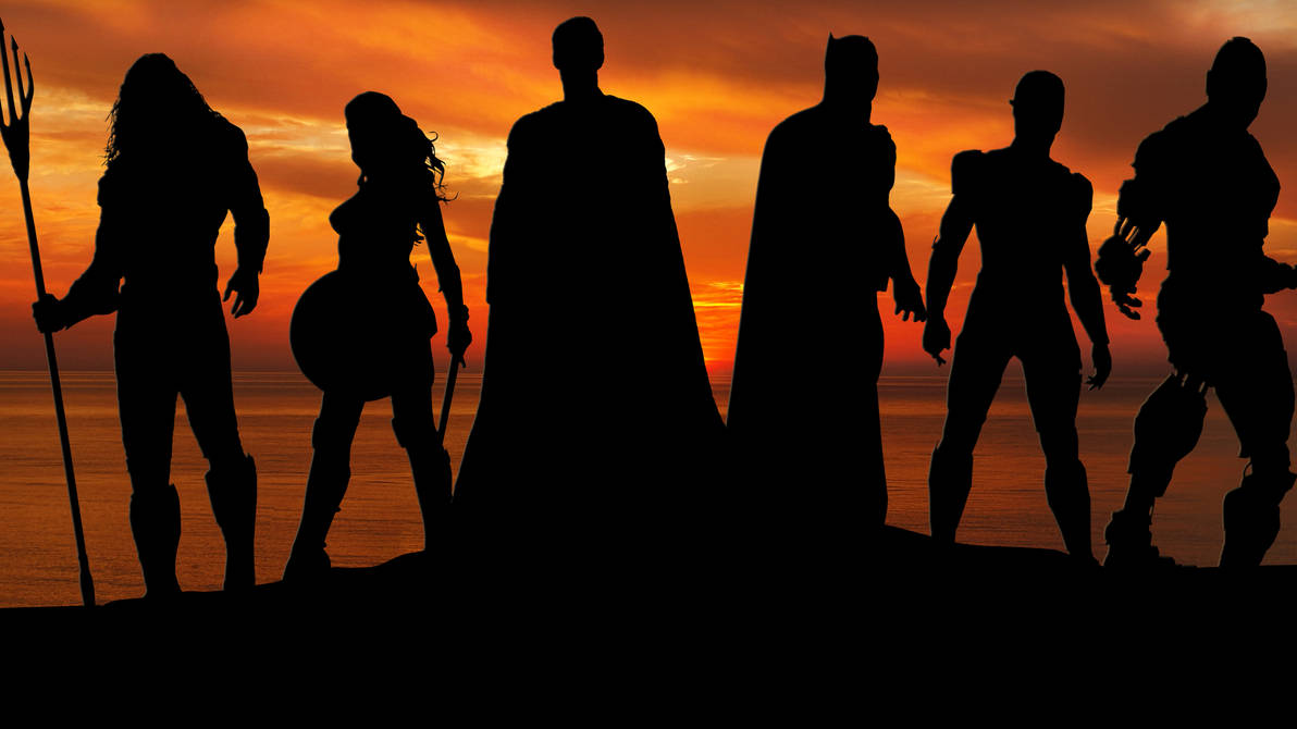 Instante justice. Лига справедливости силуэты. Команда супергероев. Супергерой силуэт. Лига справедливости закат.