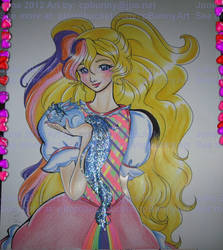 Older Art 1980 Show Lady Lovely Locks w Blue Bunny