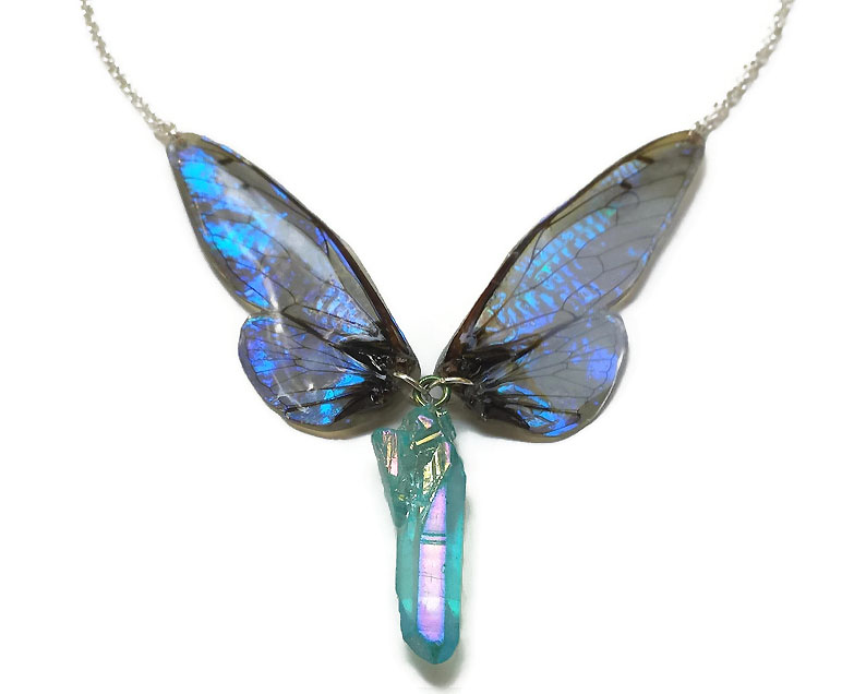 Sapphire Shimmer Wings and Aura Quartz Necklace by KristenJarvisART Sapphire Shimmer Wings and Aura Quartz Necklace by KristenJarvisART