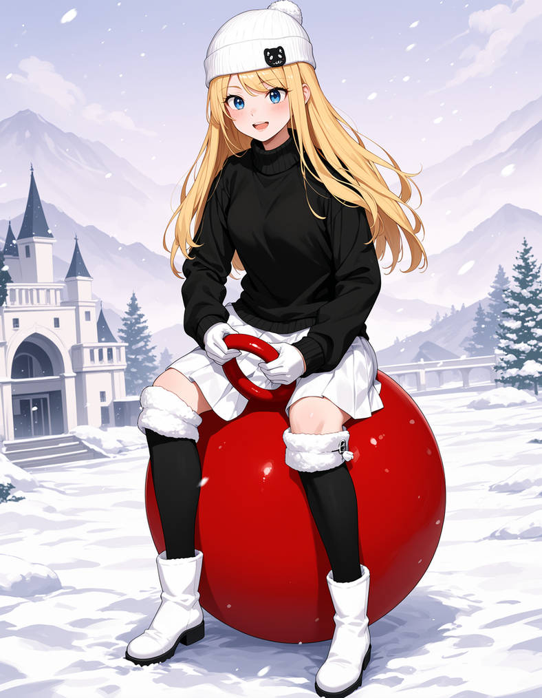 Girl riding a red ball in the snow (requested)