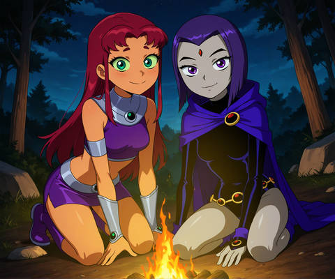 Starfire and Raven kneeling by campfire(requested)