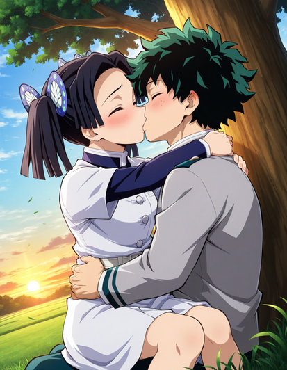Aoi on Deku's lap, kissing(requested)