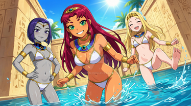 Raven, Starfire, Terra in the ancient temple pool