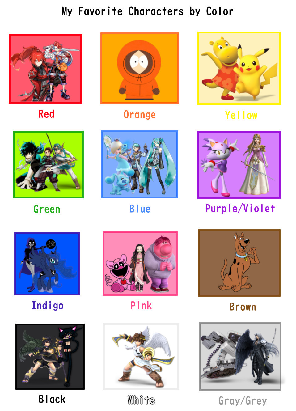 Characters Each Color My Favorite Characters by Color meme by WonderKatMEOWofRuby on DeviantArt