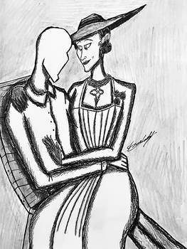 Slenderman And Lady Dimitrescu In A Chair