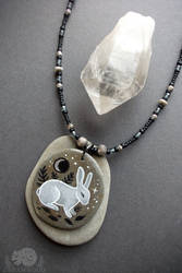 White Rabbit, Silver Moon Stone Pendant Necklace