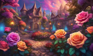 A beautiful garden of glowing multi-colored roses