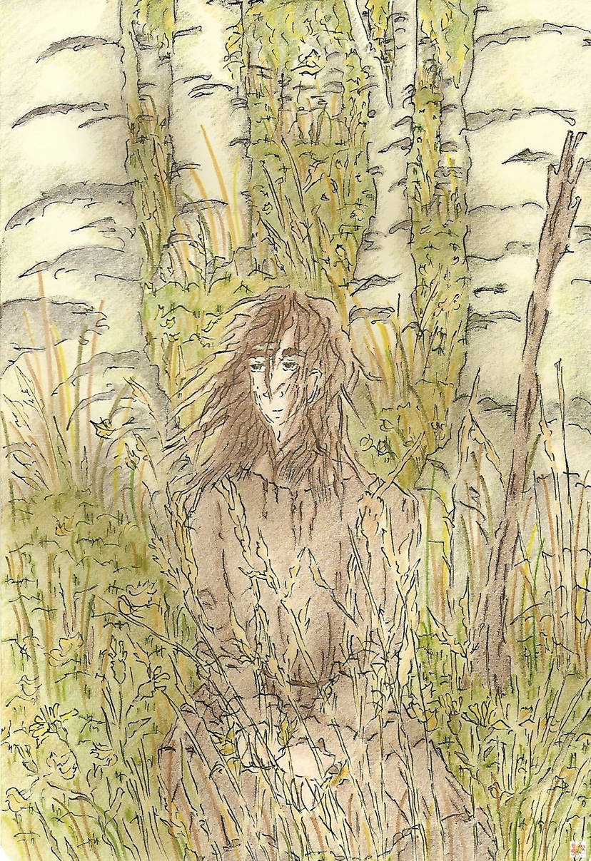 A crayon drawing depicting Brandir, a character from J.R.R. Tolkien’s "The Children of Húrin". The young man has long brown hair, slightly tousled by the wind, and a slender face. He is kneeling in a forest among birch trees. Around him grow golden grasses, and yellow birch leaves lie scattered on the ground. Brandir holds several of these leaves tightly in his hands. Beside him, leaning against a birch trunk, stands his walking stick. The drawing has a serene, melancholic atmosphere of early autumn.