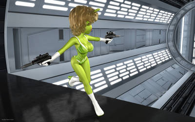 Marilyn spacegirl in action with DH17 blasters .