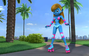 Smurfette is roller skating in a park in Miami