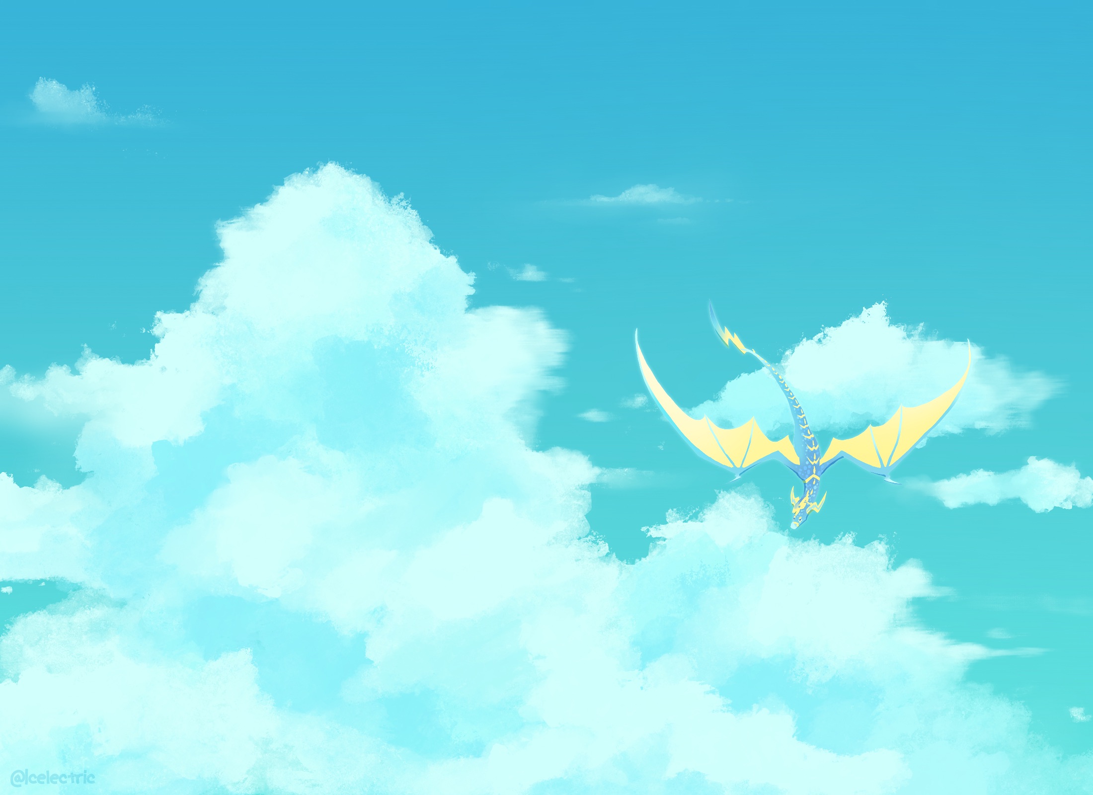 A portrait of the Pokémon Lugia flying with a blue sky background