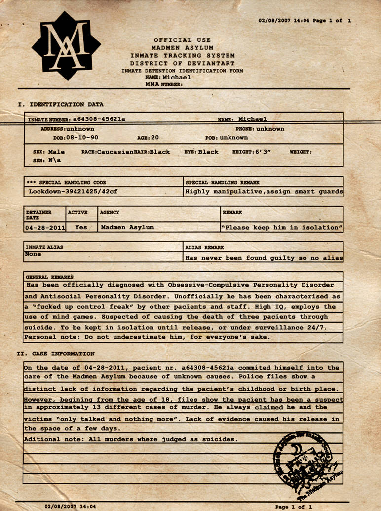 Inmate Registration Form by Rapture1008 on DeviantArt