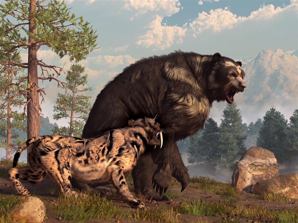 Short-faced Bear and Saber-Toothed Cat by deskridge