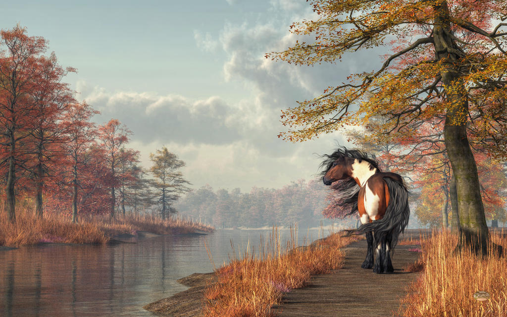 Pinto Horse on a Riverside Trail