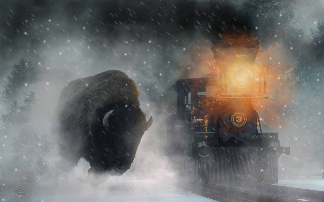 Giant Buffalo Attacking Train by deskridge