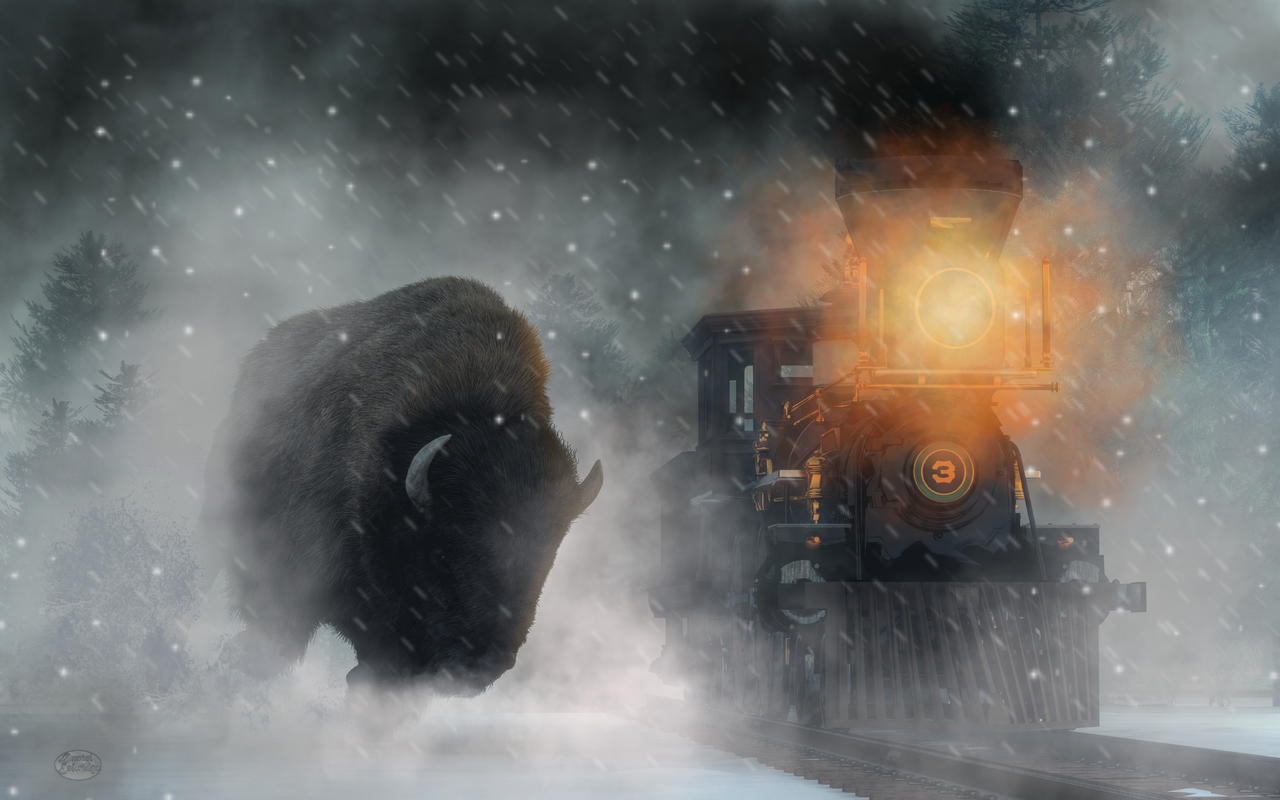 Giant Buffalo Attacking Train by deskridge
