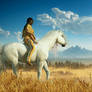 Native American Woman Riding a White Mustang