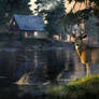 White-Tailed Deer and Log Cabin at Evening