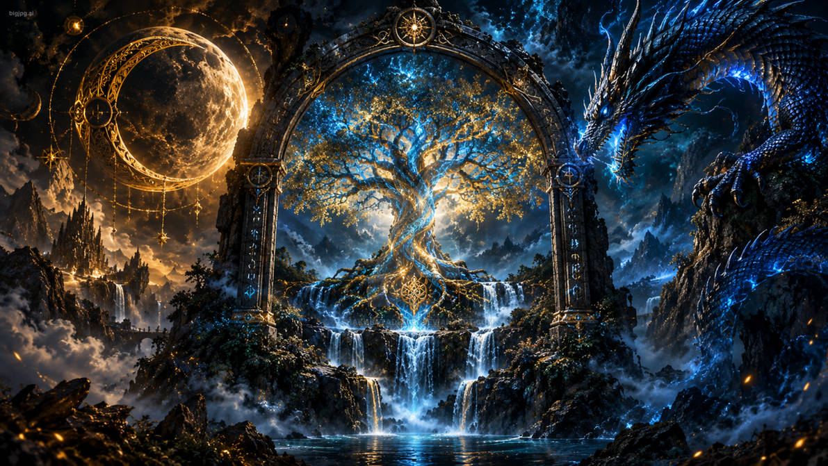 Calestial Header Celestial Tree of Life - Cosmic Dragon & Crescent Gate by ...