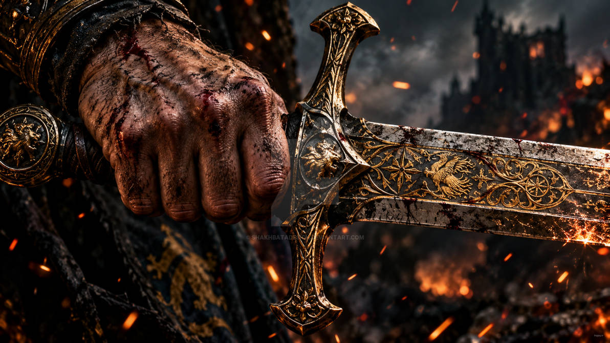 Blade Weapon Deviantart Battle-Worn Honor - Knight's Hand on Ornate Golden Sword 8K by ...