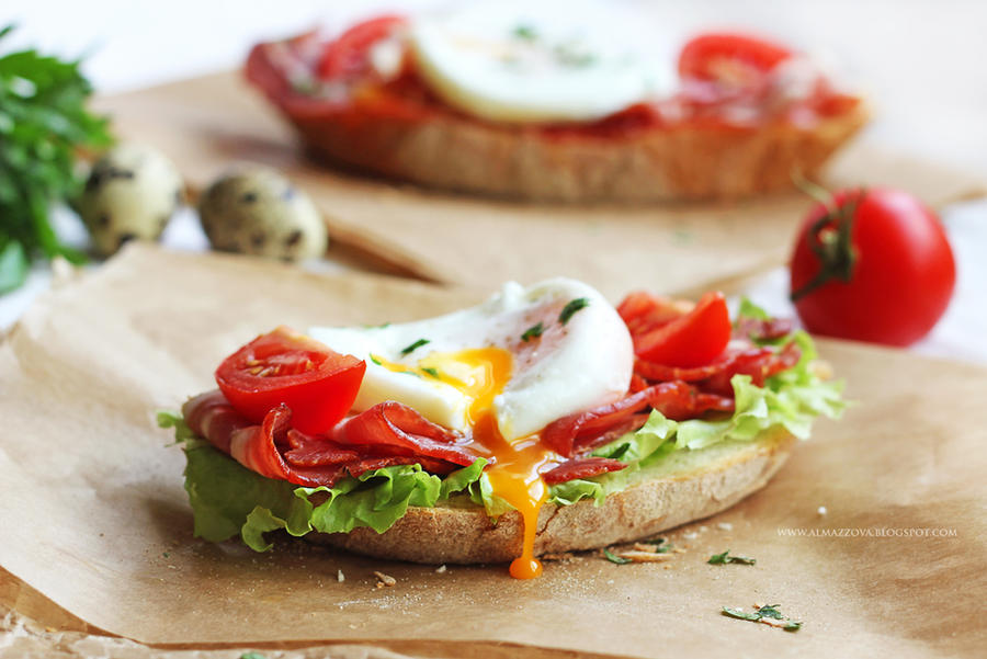 Sandwich with bacon and poached egg by LilyBrilliant Sandwich with bacon and poached egg by LilyBrilliant