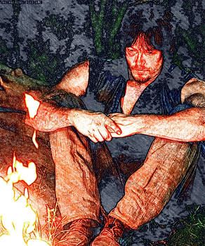 Daryl Dixon sitting with flame