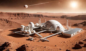 1980s-era base camp being constructed on Mars.