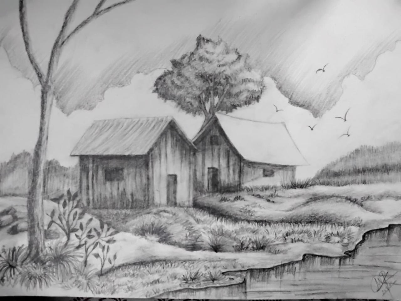 Learn Drawing and Shading A Landscape Art With PENCIL, Pencil Art