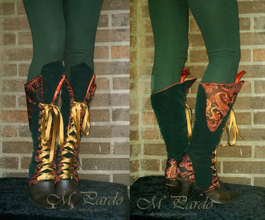 Green velvet and red brocade spats