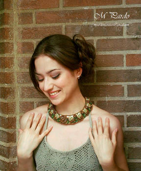 Bead embroidery neck piece in green-antique gold