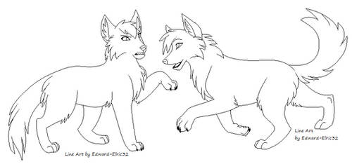 Wolves Playing Line Art