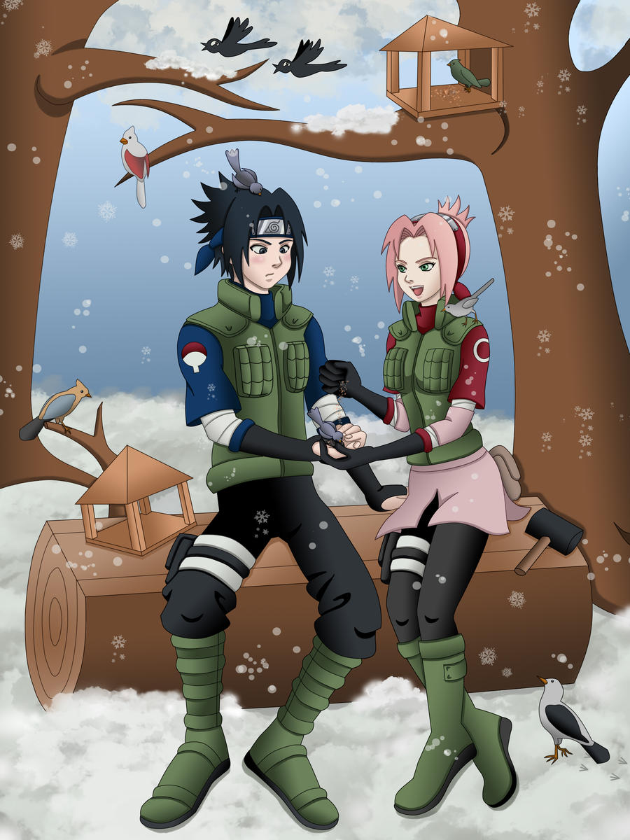 Commission: SasuSaku - Winter [Birds Feeding]