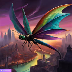 Giant Dragonfly Over City