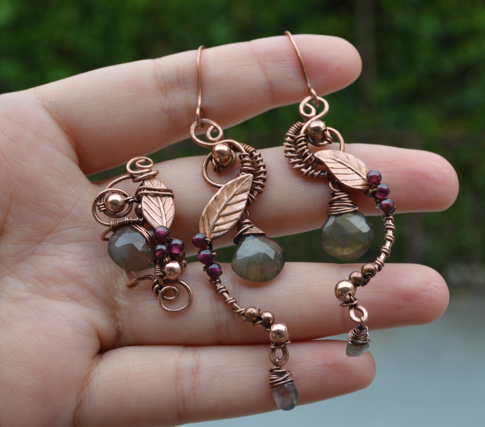 Smoke Quartz and garnet antique copper earrigns