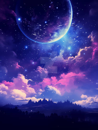 Pink Blue Galaxy, Moon, Stars, Clouds, Mountain