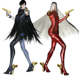 Bayonetta and Jeanne with golden guns