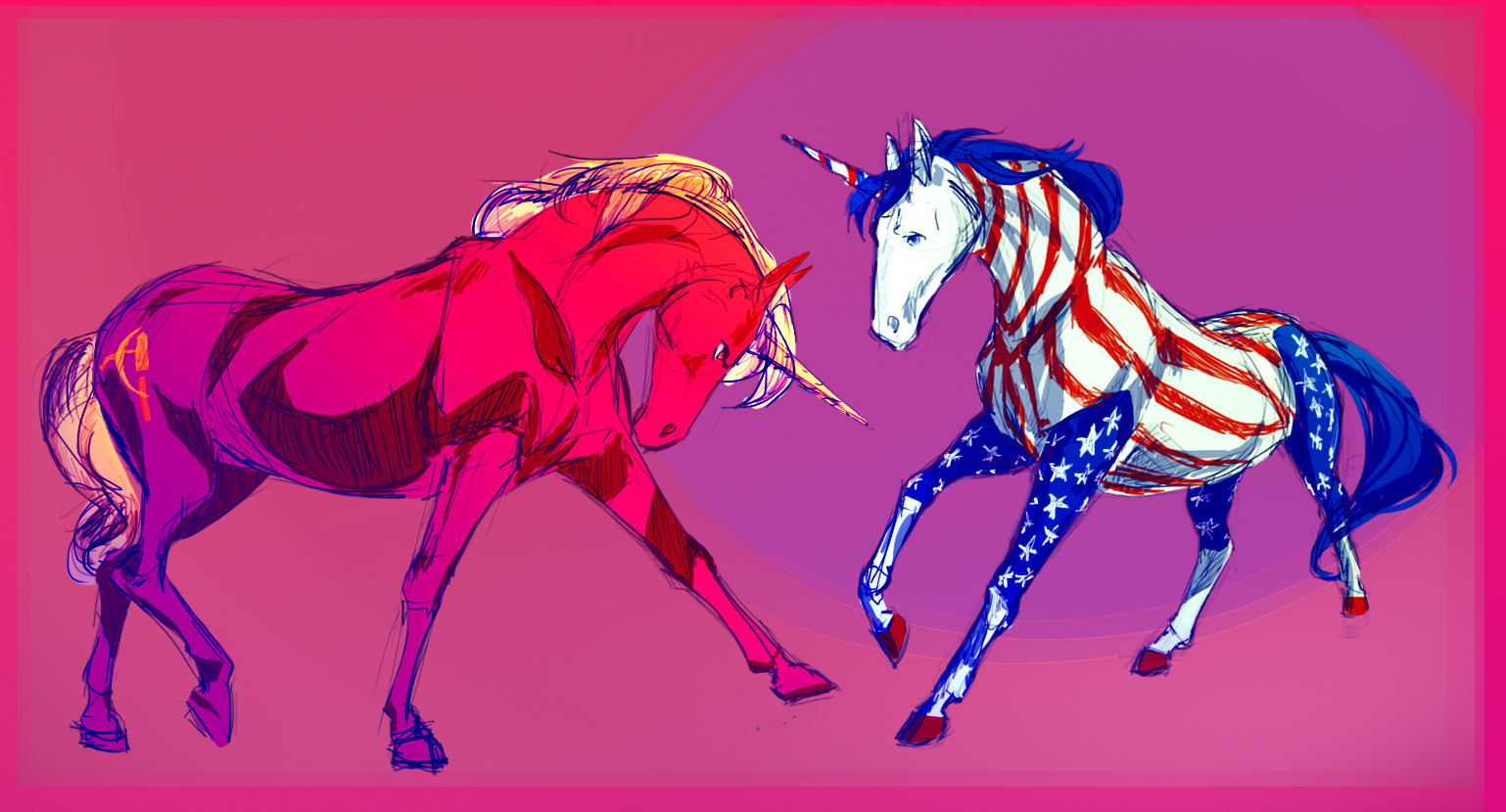 unicorns floating in an ugly pink bg