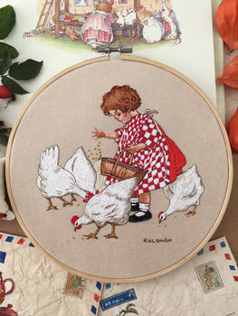 a girl with chickens embroidery