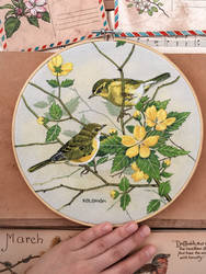 yellow warblers hand embroidery