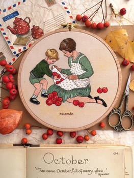 Mother and child collect apples hoop embroidery