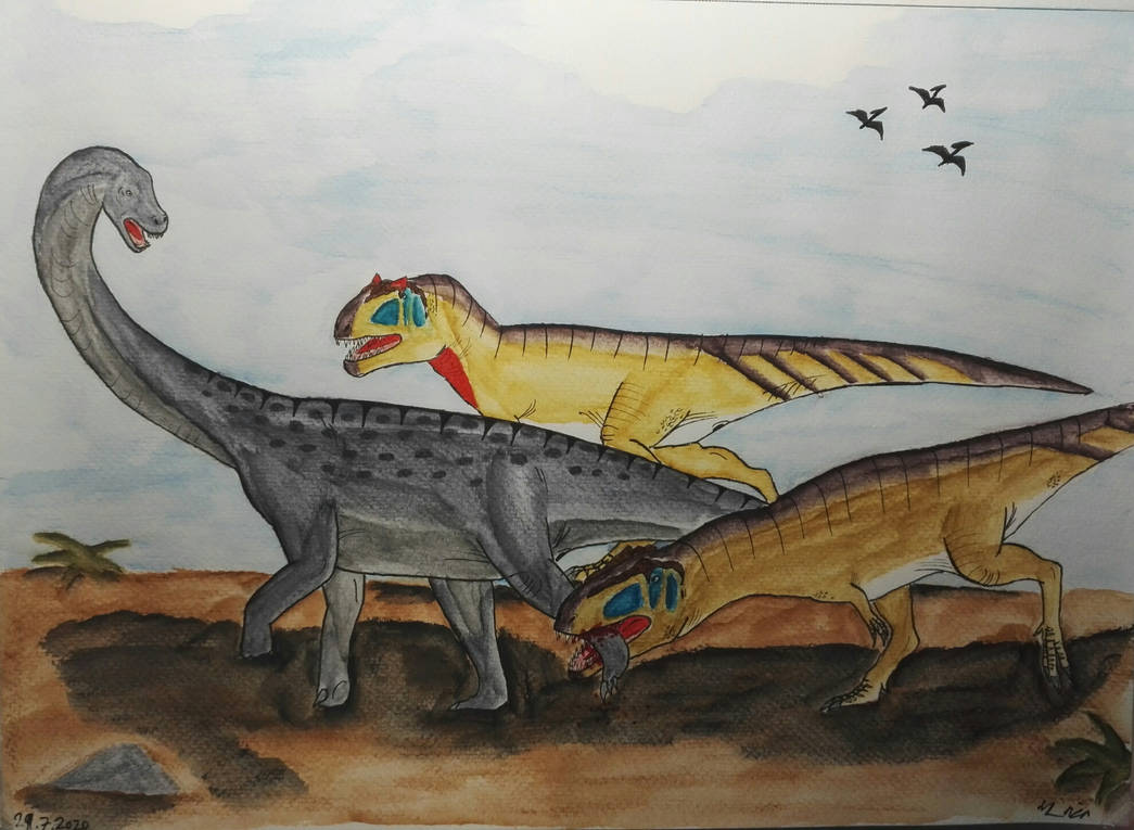 Mapusaurus pair hunting young argentinosaurus by Spinosaur935 on DeviantArt