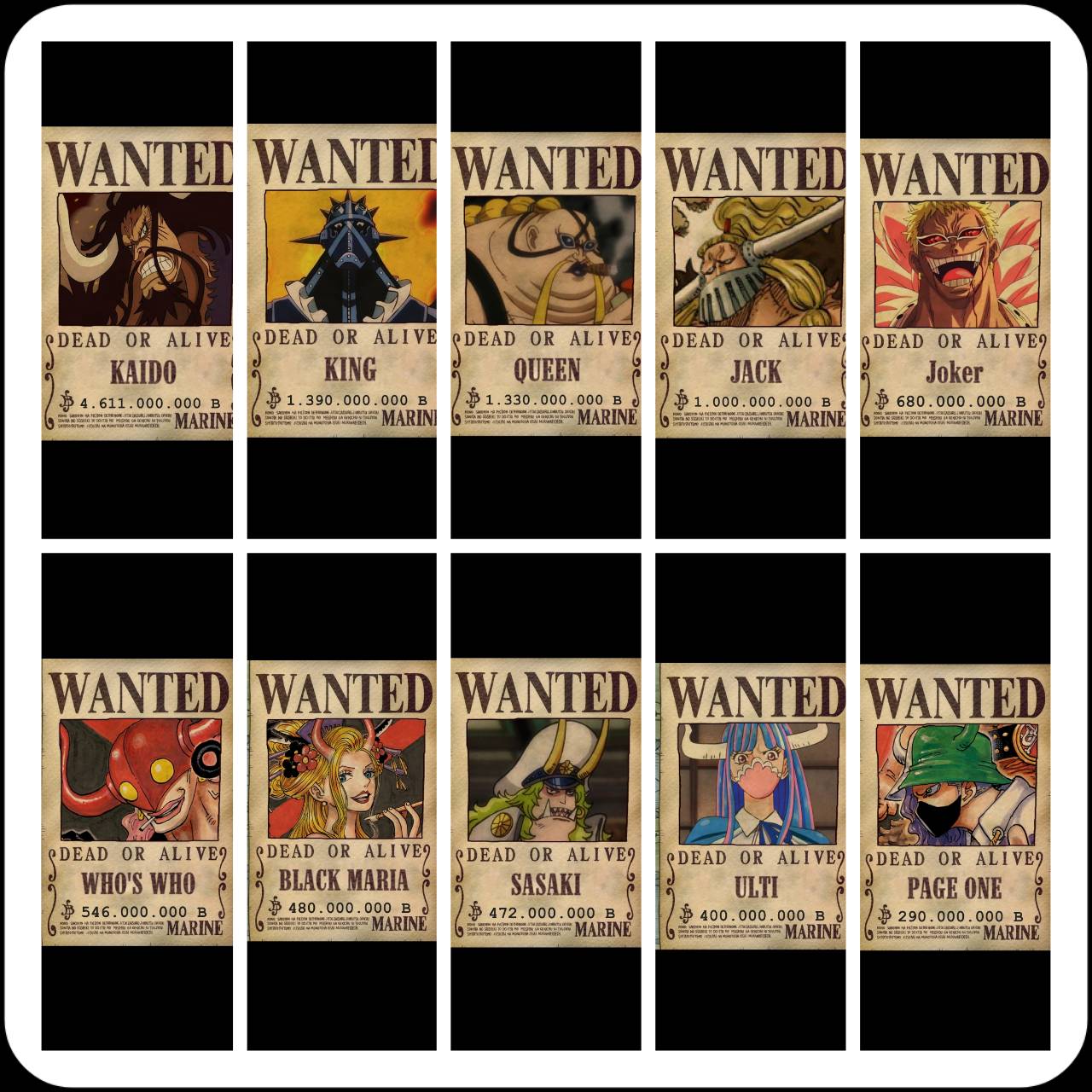 Generisch One Piece Anime Beast Pirates [Black Style] Wanted Posters Kaido King  Queen Jack