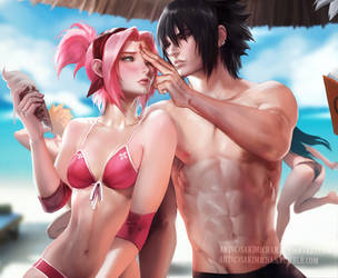 SasuSaku Beach day by sakimichan