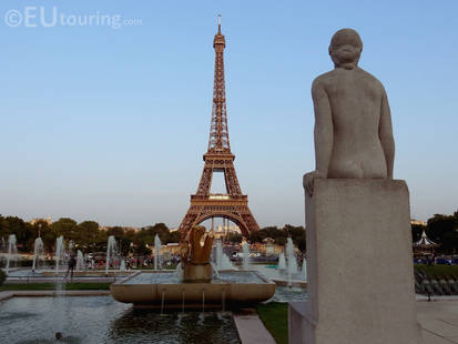 Fountains, statue and the Eiffel Tower