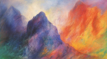 Colorful painting of mountains and clouds