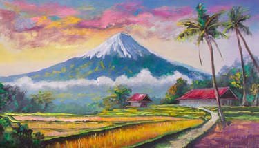 Painting of a mountain with rice fields and trees