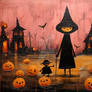 Painting of a witch and pumpkins in a graveyard