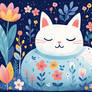 White cat is surrounded by flowers and plants