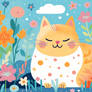 a cat in a field surrounded by flowers