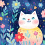 a cat in a field surrounded by flowers